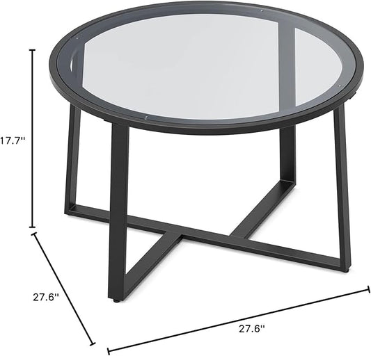 Evajoy Coffee Table, 27.6" Round Coffee Table with Tempered Glass Surface, Center Table for Living Room, Dining Room, Tea, Home Décor,Black