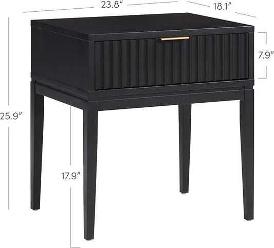 Nathan James Jasper Boho Side Table, Solid Wood Bedroom Nightstand or Bedside Table with Drawer with Fluted Doors and Brass Handles, Black, Set of 2