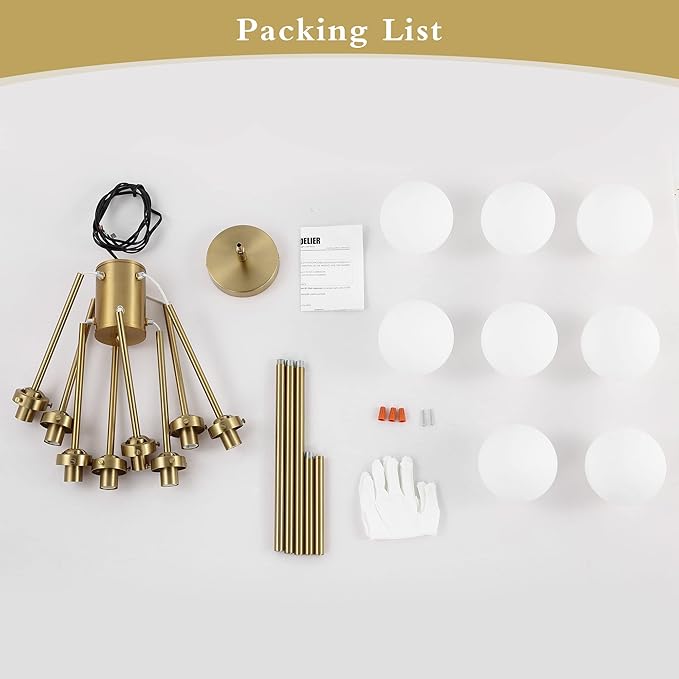 WINGBO 8-Light Sputnik Chandelier, Modern Pendant Light Fixture with 4.7" Opal White Glass Globe Shade for Flat and Slop Ceiling, Height Adjustable for Kitchen Living Room Dining Room Bedroom, Gold