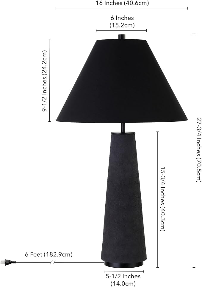 Henn&Hart 27.5" Transitional 1-Light Table Lamp with Tapered Ceramic Base and White Fabric Cone Shade for Living Room, Bedroom, or Office, Matte Black