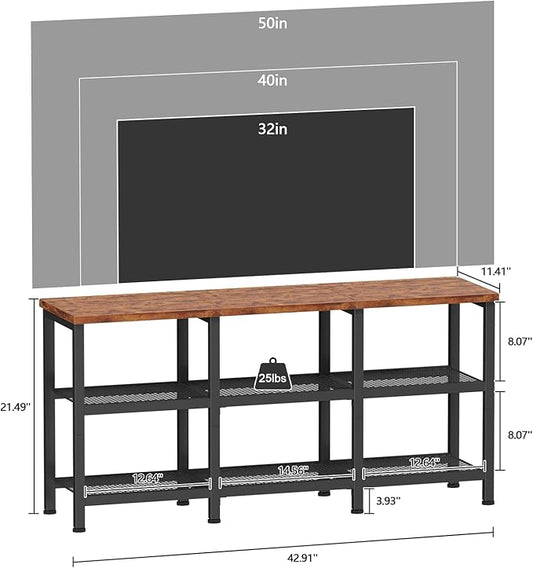 Furologee TV Stand, Small Media Console Table with 3-Tier Storage Shelves, Industrial Entertainment Center for TVs up to 50 Inch, Television Stands for Living Room, Bedroom, Rustic Brown