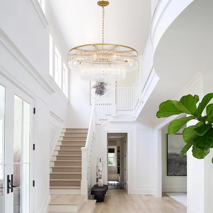 Gold Glass Chandelier Lighting Modern, 10 Light 2 Tier High Ceiling Chandelier Fixture Foyer Dining Room Ceiling Hanging Pendant Lighting Living Room 32"