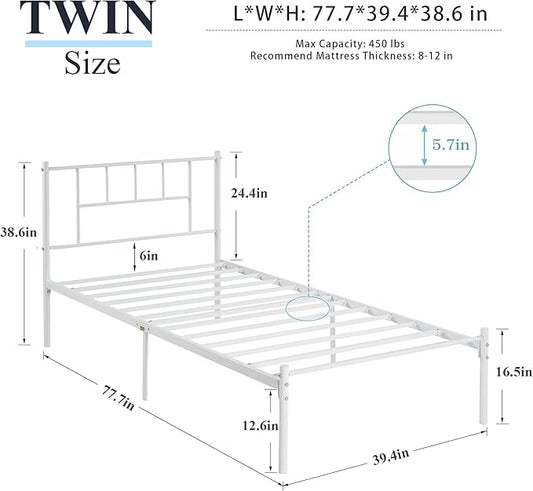 VECELO Twin Metal Platform Bed Frame with Headboard, Heavy Duty Steel Slat Support, Under Bed Storage,No Box Spring Needed, Easy Assembly