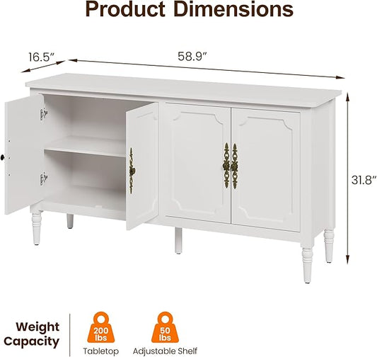 RoyalCraft 59" Buffet Cabinet with Storage, Vintage Sideboard with Adjustable Shelves & Carved Handle, Mid Century Modern Painted Credenza Coffee Bar for Kitchen, Dining Room, Satin White
