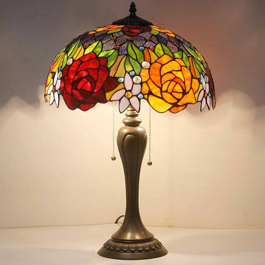 WERFACTORY Tiffany Table Lamp Stained Glass Bedside Lamp Red Rose 16X16X24 Inches Desk Reading Light Resin Base Decor Bedroom Living Room Home Office S001 Series