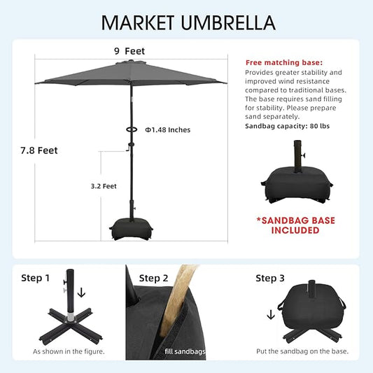 wikiwiki 9FT Patio Umbrella with Base, Outdoor Umbrellas with Base Included, 8 Sturdy Ribs, Waterproof Fade Resistant POLYESTER DTY Canopy for Deck, Lawn, Garden, Backyard & Pool, Dark Gray