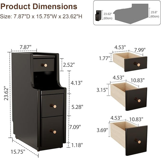 Narrow Nightstand with 3 Drawers,Solid Wood Narrow Bedside Table Black, Modern Skinny Nightstand for Bedroom(Fully Assembly)