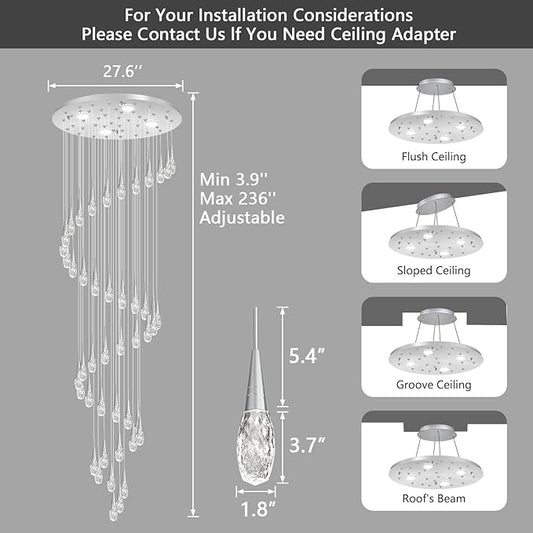 46-Lights 19 Feet Large Modern Chandelier LED Light Fixtures High Ceiling Long Light Chandelier for Entrance Foyer Dimmable Lights with Remote Living Room Ceiling Pendant Lighting Shine Silver
