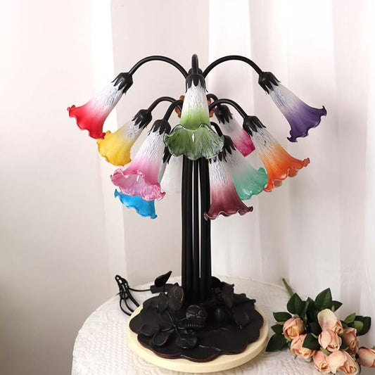 Bieye L10952 Lily Flower Blown Glass Accent Table Lamp for Living Room Bedroom Decoration Multicolor 12-Light