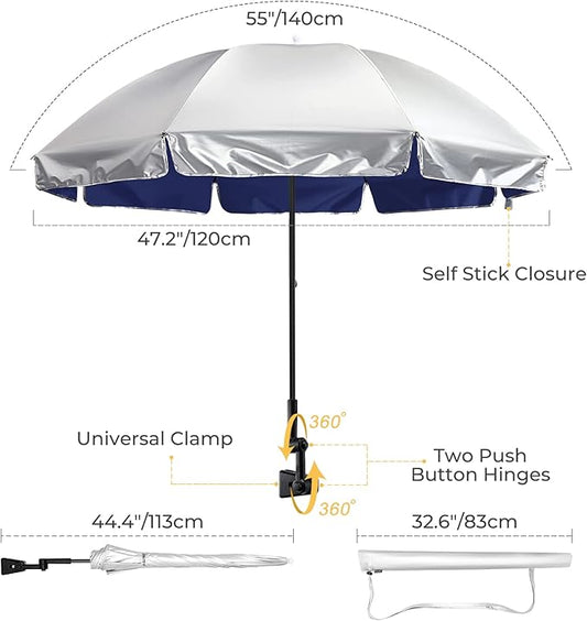 G4Free UPF 50+ Universal Clamp On Umbrella Adjustable Outdoor UV Protection Beach Chair Umbrella for Strollers, Wheelchairs, Patio Chairs, and Golf Carts