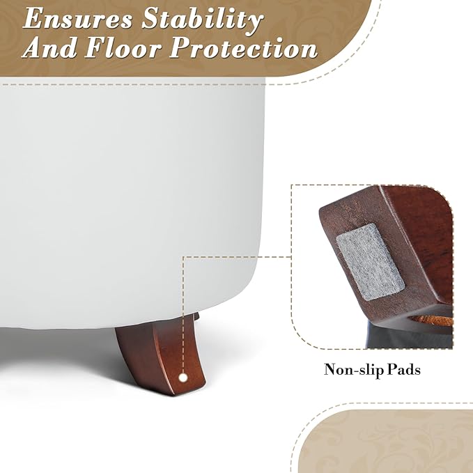 Athena Collection 15 Inch Small Ottoman with Storage, Round PU Leather Storage Ottoman Foot Rest with Removable Lid, Multipurpose Footstool Footrest for Living Room, Bedroom, Dorm, White