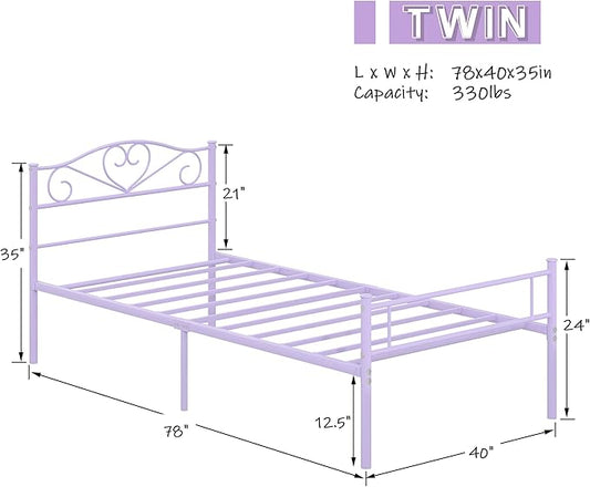 VECELO 14 Inch Twin Size Metal Platform Bed Frame with Headboard and Footboard, Heavy Duty Mattress Foundation with Steel Slats Support, No Box Spring Needed, Purple