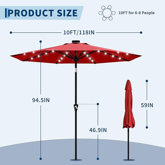 Garvee 10FT Solar Patio Umbrella with 32 LED Lights - Outdoor Table Umbrella with Crank Lift, Push Button Tilt and 8 Sturdy Ribs - Market Umbrella UV Protection for Pool, Deck, Yard, Garden -Red