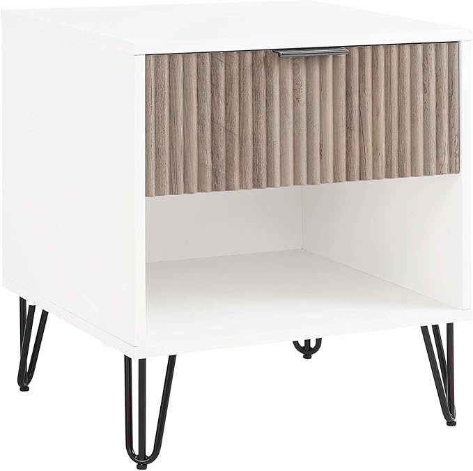 Manhattan Comfort Dumbo Fluted Nightstand with Drawer and Open Shelf, Gold Hairpin Legs and Metal Handle, Snap Tool-Free Assembly, Bedside Accent Table for Bedroom, Living Room in White & Rustic Grey