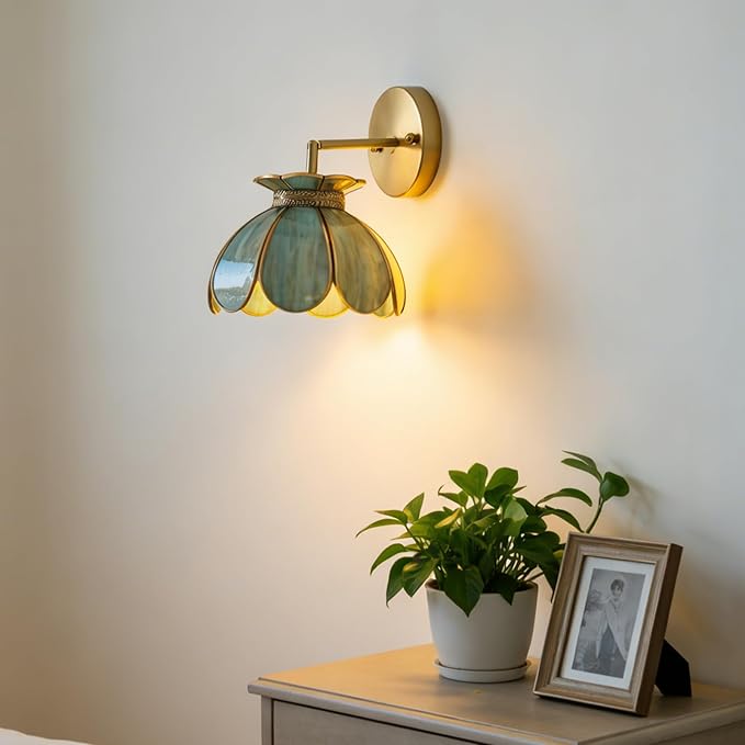Vintage Brass Ceiling Pendant Light with Stained Lotus Flower Blue Glass Shade,Oriental Hanging Lamp or Wall Sconces Dual-Purpose, for Kitchen Island Dining Room Bedroom Living Room-7.9" Shade