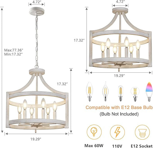6-Light Farmhouse Chandelier, 19.3'' Vintage Chandeliers for Dining Room, Antique White Semi Flush Mount Ceiling Light, Rustic Metal Hanging Pendant Light Fixture for Entryway Foyer Hallway