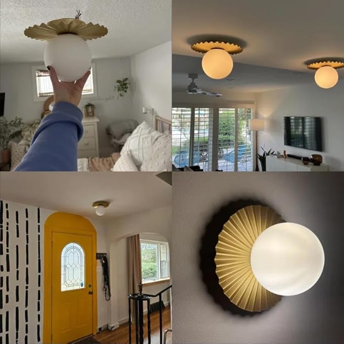 1-Light Milk Glass Pendant Light, 9.8" Sputnik Bubble Glass Chandelier Light Fixture, G9 Hand Blown Semi Flush Mount Ceiling Chandeliers Lighting for Dining Room, Living Room (Gold-1, 1-Light C)