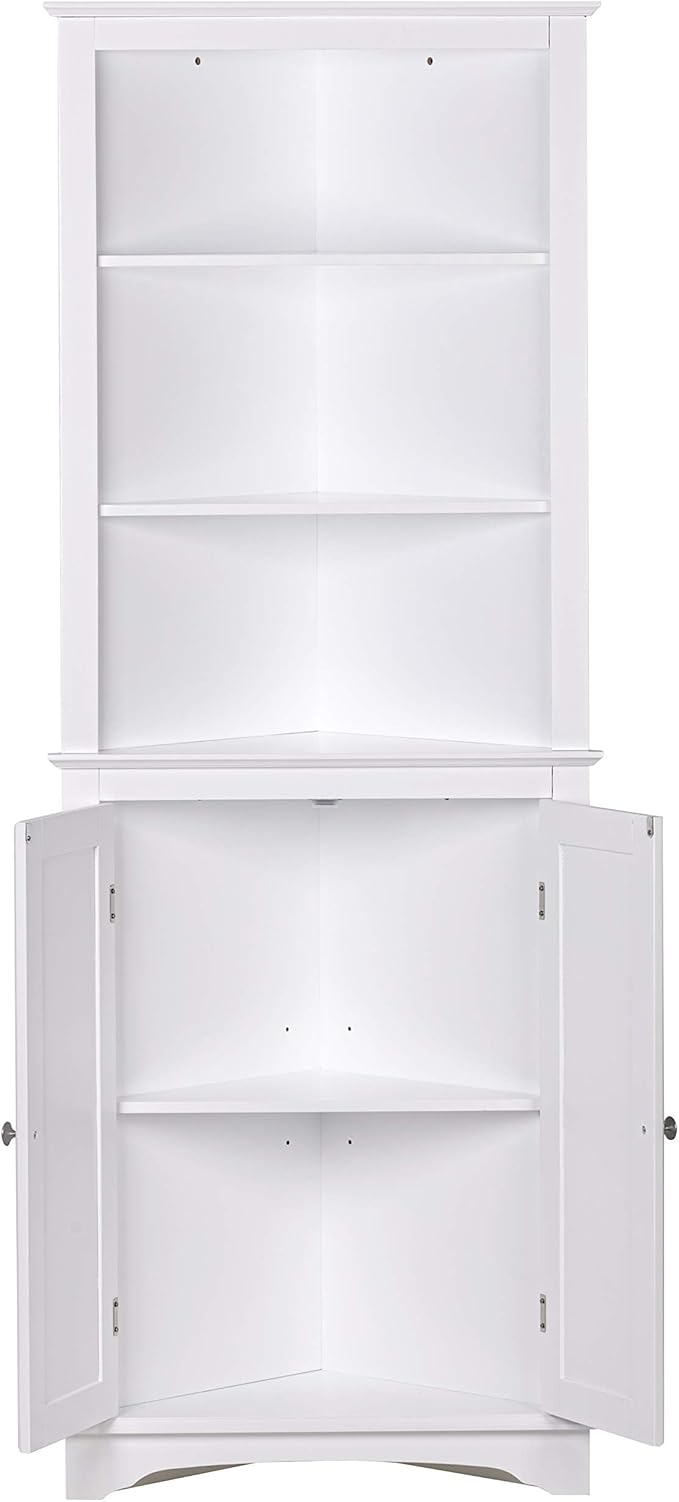 Spirich Tall Corner Cabinet with Doors and Shelves, Freestanding Corner Storage Cabinet for Bathroom, Kitchen, Living Room, White