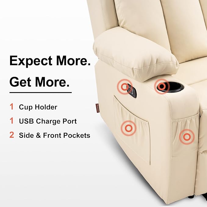 MCombo Zero Gravity Loveseat Recliner with Console, Heat and Massage, Power Reclining Sofa for Living Room, Faux Leather 6095 (Cream White, Loveseat Recliner with Console)