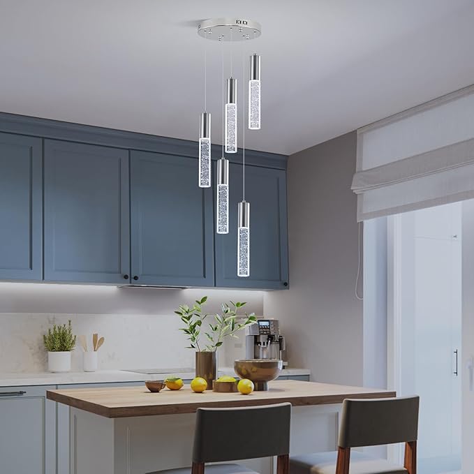 Modern Crystal Chandelier for Kitchen Island 5-Lights, Elegant Chrome LED Bubble Pendant Lighting Fixture for Dining Room Bedroom Entryway