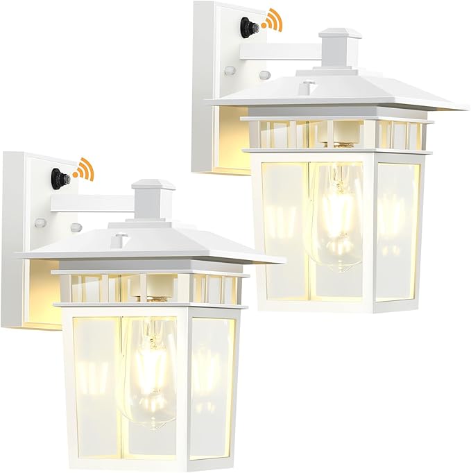 Compact Dusk to Dawn Outdoor Lighting Fixtures Wall Mount, Sensor Exterior Wall Lights for House, Anti Rust Porch Light, White Sconce Lamp, Waterproof Wall Lantern for Doorway, Garage, 2-Pack