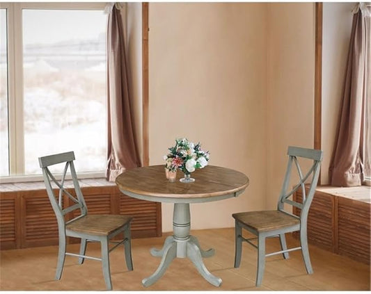 IC INTERNATIONAL CONCEPTS 36" Round Wood Distressed Hickory/Stone Extension Dining Table with 2 Chairs