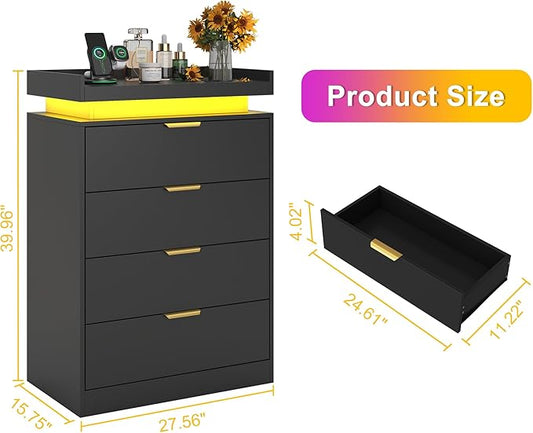Black Dresser with LED Lights, Wooden LED Dresser, 4 Drawer Chest with Charging Station, Tall Chest of Drawer Closet Organizer for Bedroom, Living Room, Entryway, Hallway