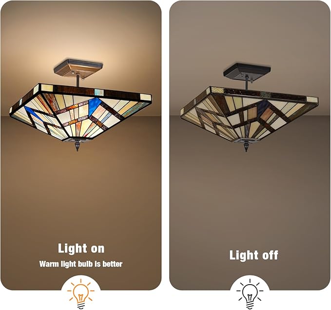 Capulina Tiffany Lamp Stained Glass Semi Flush Mount Ceiling Light 2-Light 14 Inches Wide Cream Amber Antique Tiffany Style Ceiling Lamp for Home Kitchen Porch Entryway Bathroom Hallway
