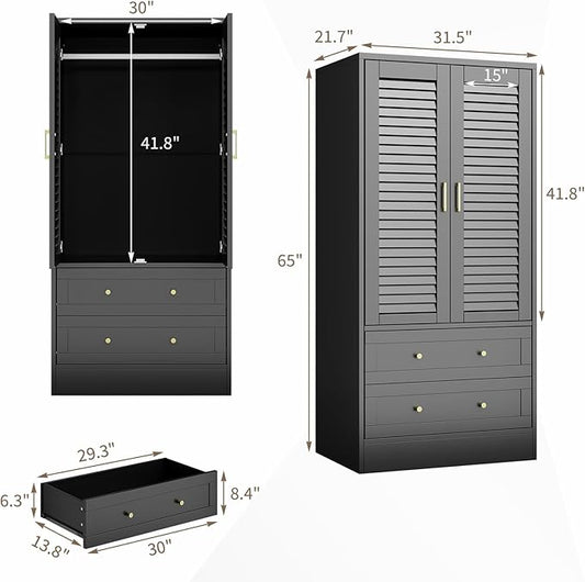 65" Louvered Armoire Wardrobe Closet, Wood Clothing Storage Cabinets with 2 Doors and 2 Drawers, Wooden Wardrobe Closet with Hanging Rod for Bedroom, Cloak Room, Laundry Room, Entrance Hall, Black