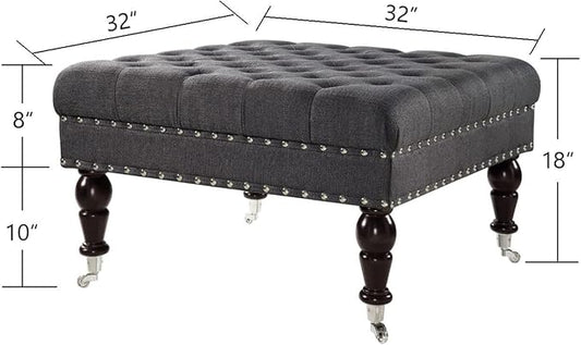 24KF Large Square Coffee Table Ottoman - Upholstered Tufted Button Linen Footrest Bench with Casters Rolling Wheels - Charcoal Gray