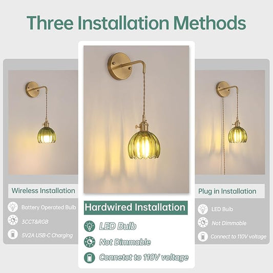 Vintage Wall Sconce Wall Lamp Green Tulip Shade Pattern Glass Adjustable Chain Retro Gold Wall Mounted Light, Wall Lamp Fixtures Decor for Bedside Bedroom Indoor Doorway