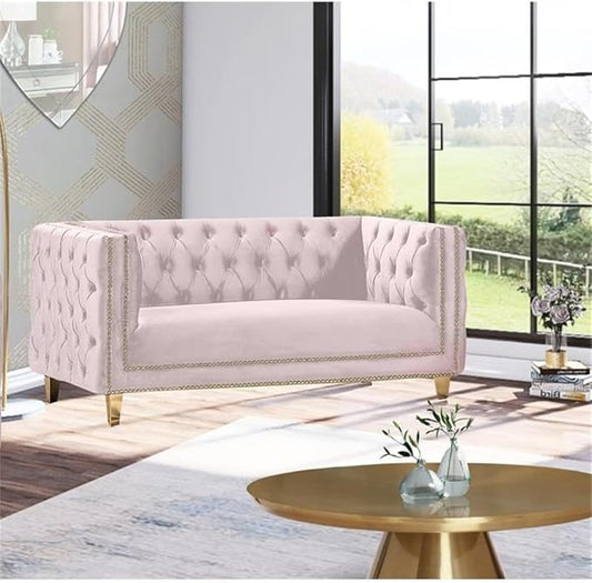 Meridian Furniture 652Pink-L Michelle Collection Modern | Contemporary Loveseat with Deep Button Tufting, Gold Nailhead Trim and Sturdy Gold Iron Legs, Pink Velvet, 66" W x 34" D x 30" H