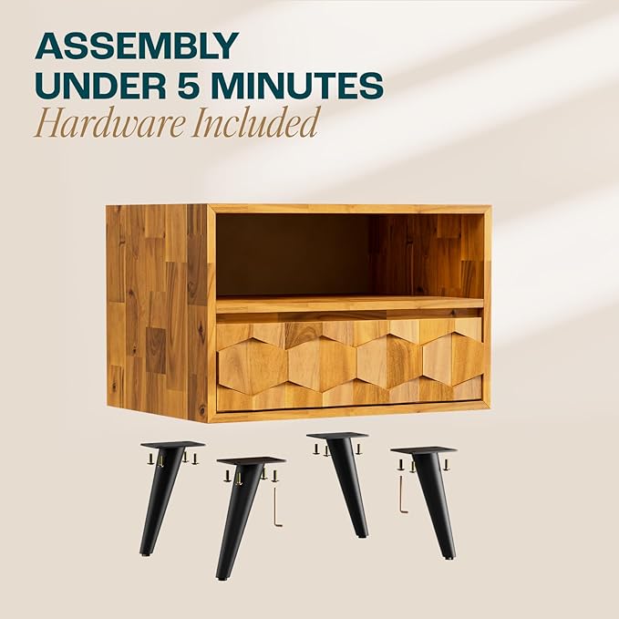 Bme Georgina Solid Wood Coffee Tables & Nightstands with Geometric Details, 2 Drawers