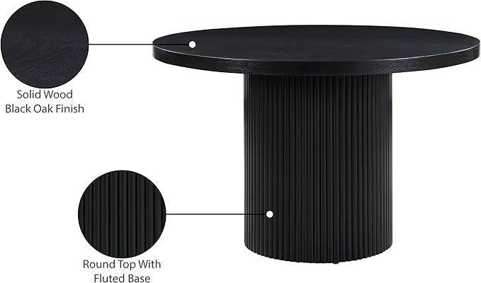 Meridian Furniture 728Black-T Belinda Collection Mid-Century Modern Dining Table, Solid Wood Base, Black Finish Oak Wood Veneer MDF Top, Round Top, Fluted Base, 48" W x 48" D x 31" H, Black