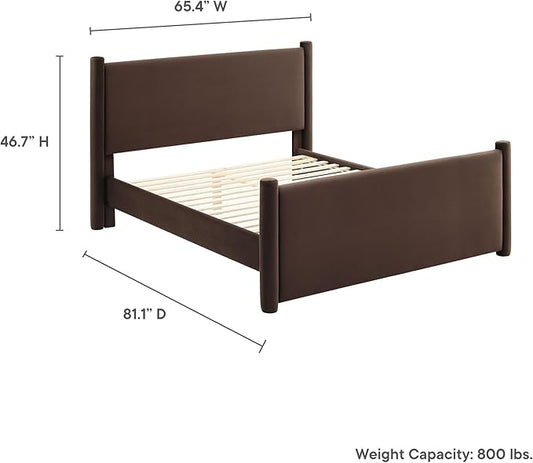 Modway Rael Full Platform Bed Frame with Upholstered Headboard and Footboard in Chocolate Brown – Stain-Resistant Performance Velvet Full Size Bed with Rounded Posts