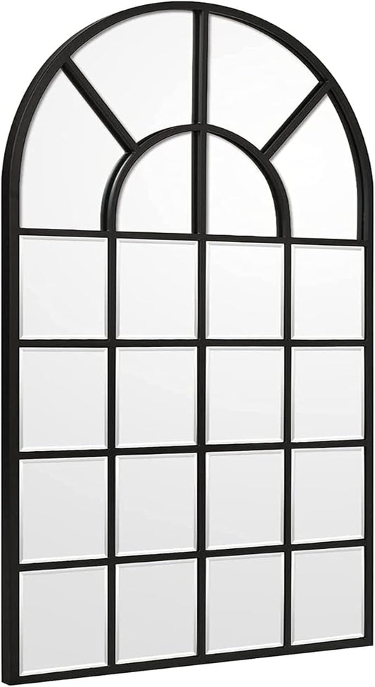 Black Arched Window Mirror, Large Window Pane Mirror with Beveled, Metal Framed Windowpane Mirrors, 28.5" X 50" Arched Wall Mirrors for Wall Decor, Entryway, Living Room