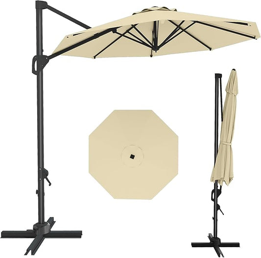 GarveeLife 10 ft Cantilever Umbrella Outdoor Patio Umbrella Market Offset Umbrella Sun Shade Windproof with 360-Degree Rotation for Patio Garden Deck Pool, Beige