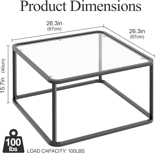 Coffee Table Glass, Minimalist Square Tables for Living Room, Modern Center Table for Office or Small Space, Tempered Glass, Sturdy Metal Frame, Easy Assembly, 26.4 x 26.4 x 15.7 Inches, Black