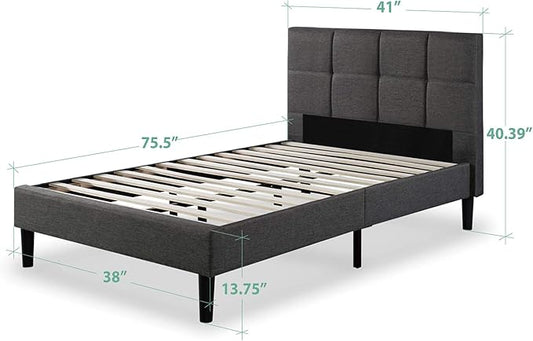 Zinus Lottie Upholstered Platform Bed Frame, Mattress Foundation, Wood Slat Support, No Box Spring Needed, Easy Assembly, Grey, Twin