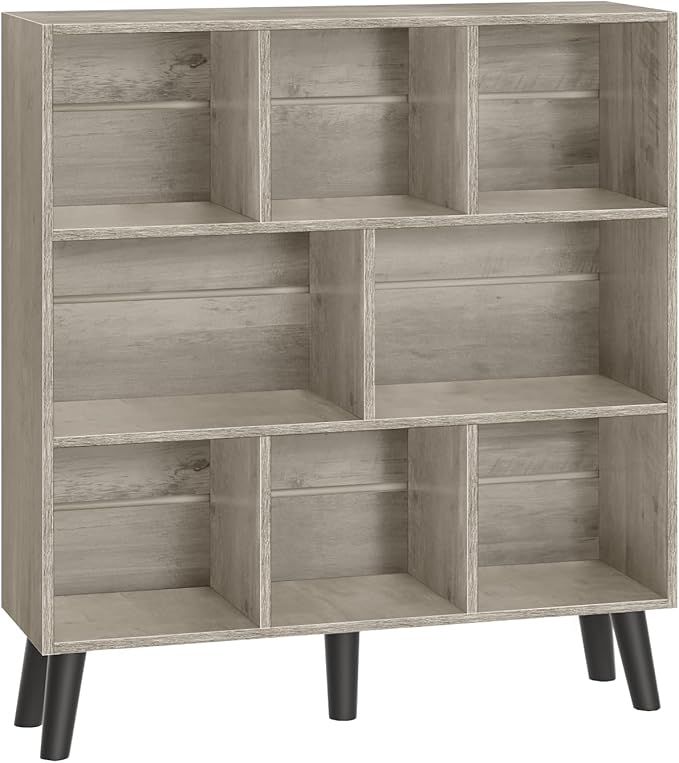 LEYAOYAO 8 Cube Bookshelf, 3 Tier Modern Bookcase with Legs, Mid-Century Modern Wood Book Shelves Storage, Retro Grey Book Case, Freestanding Organizer Display Shelf for Bedroom,Living Room,Office