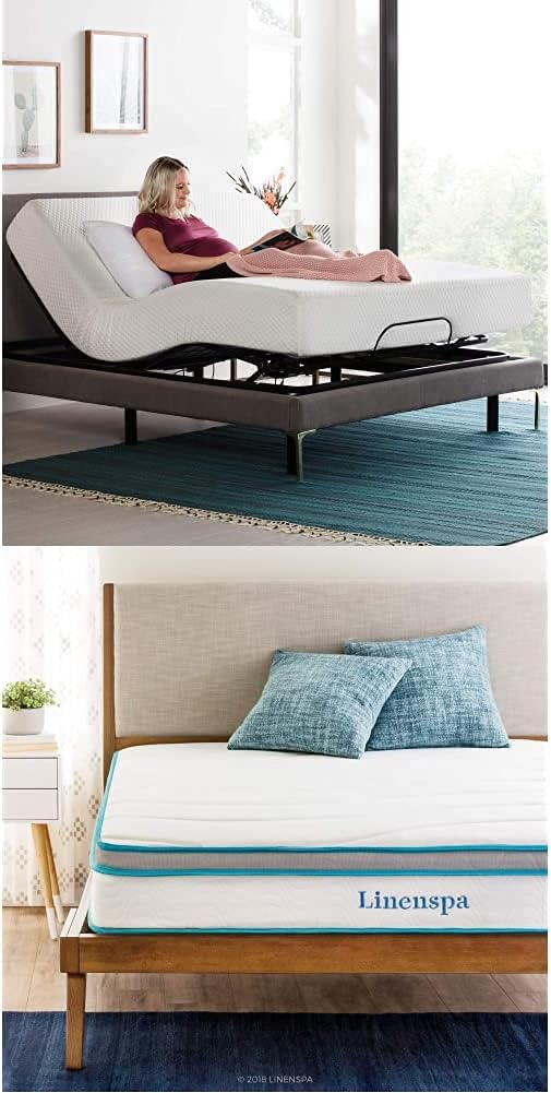 LINENSPA Adjustable Bed Base-Motorized Head and Foot Incline 8 Inch Memory Foam and Innerspring Hybrid Medium-Firm Feel Mattress, Full