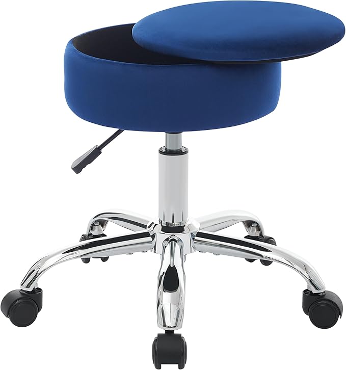 Adjustable Vanity Stool with Storage Rolling Vanity Chair with Wheels Swivel Vanity Stool Chair for Vanity Makeup Stool Blue