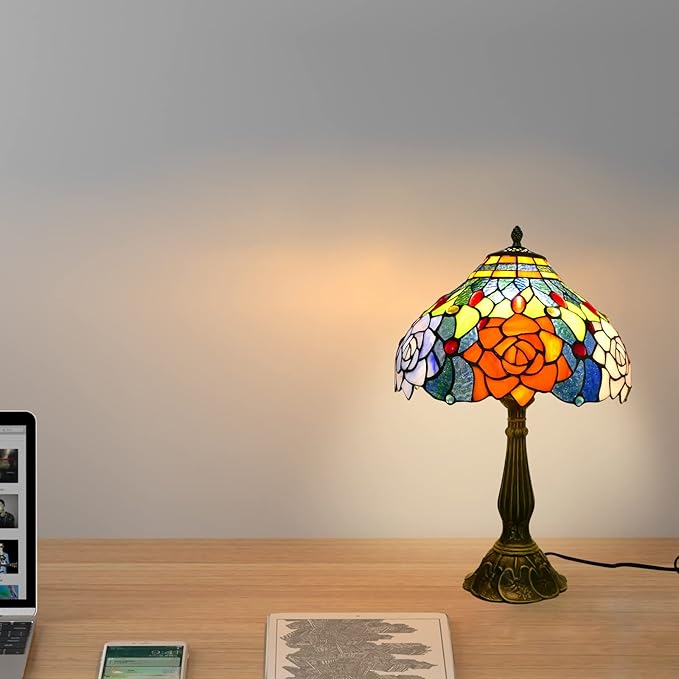 Tiffany Table Lamp Stained Glass Peony Flower Style Table Light, 12" Wide 19" Tall Handmade Bedside Table Night Lamp, Antique Art Craft Gifts for Living Room Bedroom Study Bookcase Desk Light