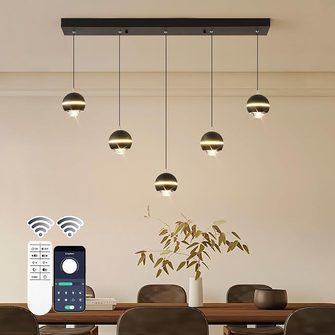 Modern LED Pendant Lights, Dimmable 36in Crystal Globe LED Chandelier Lighting, Black & Gold Dining Room Hanging Light Fixtures Kitchen Island Linear Pendant Light for Dining Table (3500lm)