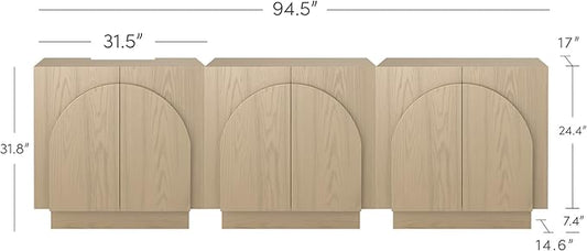 Nathan James Iris Mid-Century Modern Credenza, Light Brown TV Stand, Living Room Wood Storage Cabinet with Arched Cabinet Doors, White Oak, Set of 3