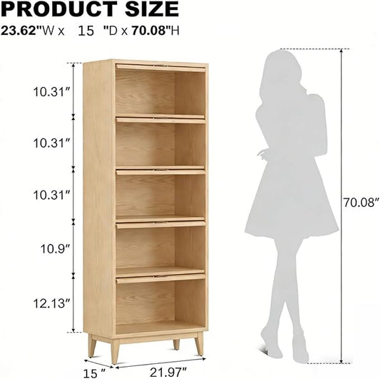 72'Hsolid Wood Bookcase,5 tir Tall Black Book case with Doors,Modern Bookshelf with Door for Kitchen,Freestanding Display Storage Shelves for Collectibles, Living Room Bedroom Home Office