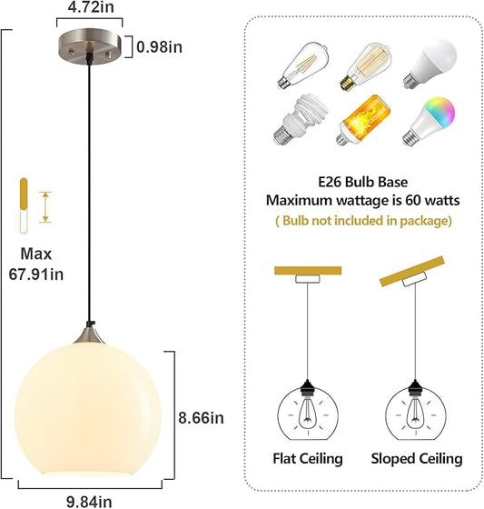 Milky Luster Glass Pendant Lights Kitchen Island Globe Pendant Light Fixtures Modern Pendant Lighting for Bedroom Living Dining Room Light Fixture (9.84 in, 3 Pack)