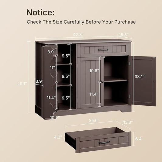Gizoon Kitchen Coffee Bar Cabinet with Storage Kitchen Sideboard Buffet Cabinet with Drawers, Short Pantry with Door and Shelves for Bathroom and Living Room, Dark Brown