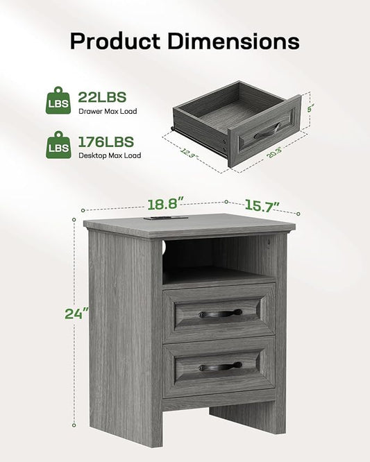 Marsail Nightstand Set of 2, Night Stand with Charging Station, Farmhouse Bedside Table with 2 Drawers, Open Shelf, Rustic End Table Storage Cabinet for Bedroom, Dark Gray