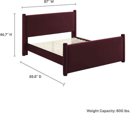 Modway Rael King Platform Bed Frame with Upholstered Headboard and Footboard in Mulberry – Stain-Resistant Performance Velvet King Size Bed with Rounded Posts